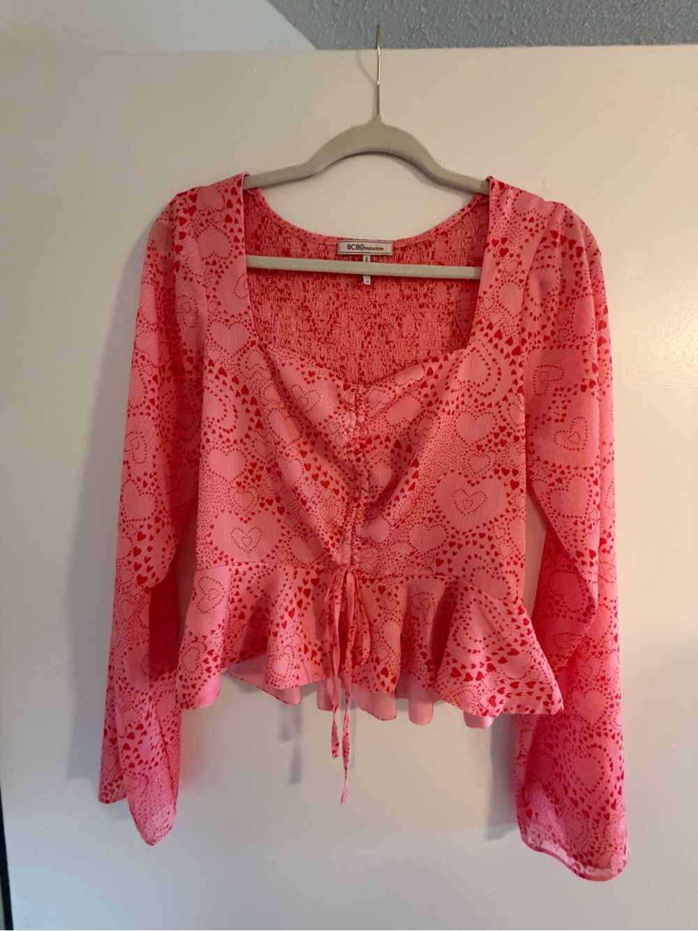 BCBG Pink Heart-Print Peplum Tie-Front Blouse
